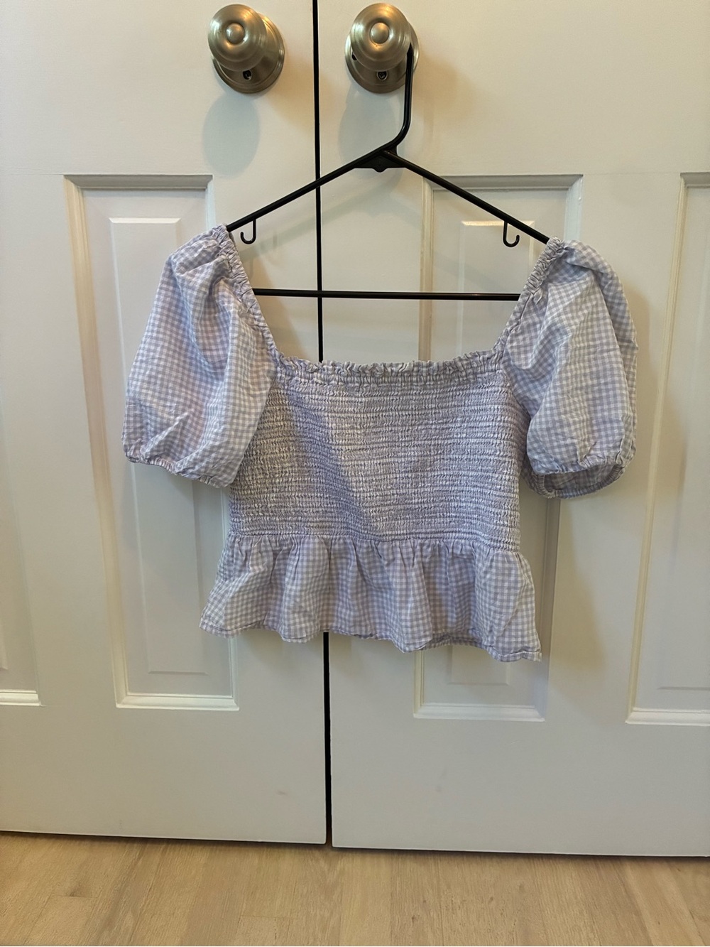 J. Crew Lavender Gingham Smocked Off-Shoulder Crop Top